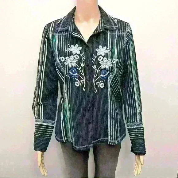 Vintage Y2K Boho Floral Embroidery Stripes Button Down Blouse Shirt. - Picture 13 of 13